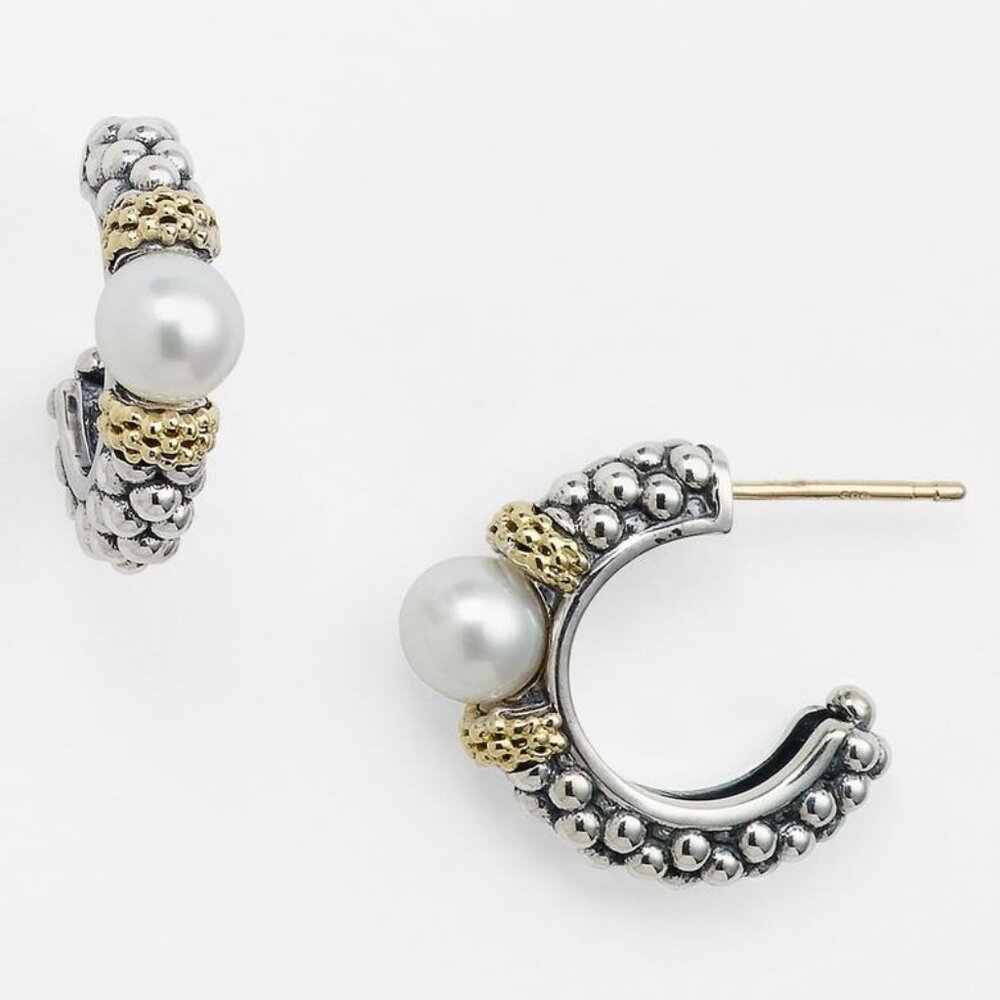 LAGOS 'Caviar' Two Tone Pearl Hoop Earrings - Picture 1 of 4